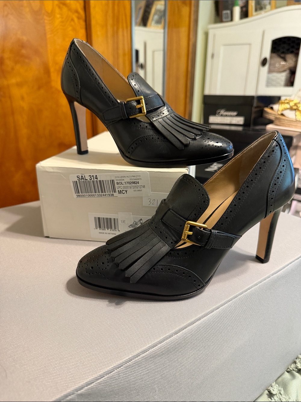 Ralph Lauren Black Fringe Kiltie Buckle High Heels